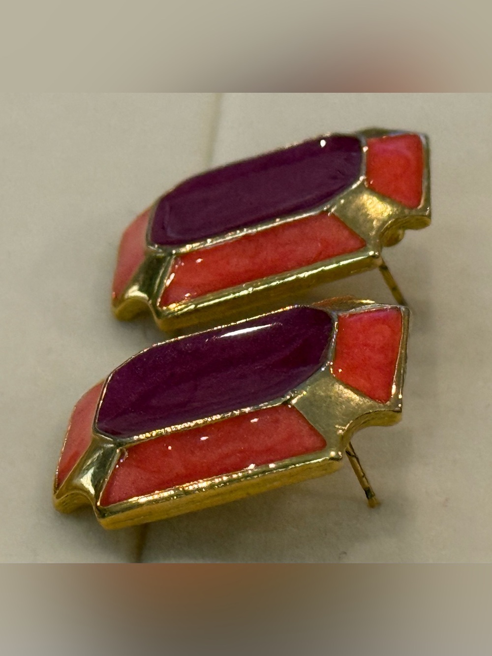 Gold-Tone Purple and Coral Enamel Rectangle Stud Earrings - Picture 6 of 9